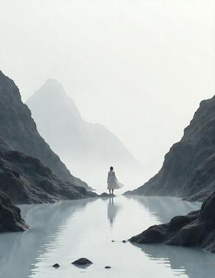 The primary subject of the image is a woman standing on a rocky cliff overlooking a body of water. She is wearing a white dress and appears to be looking out over the water. The setting is a rocky landscape with a body of water in the foreground. The visual style of the image is a black and white photo, which adds a sense of timelessness and drama to the scene. The overall atmosphere of the image is serene and contemplative, as the woman seems to be enjoying the beauty of the